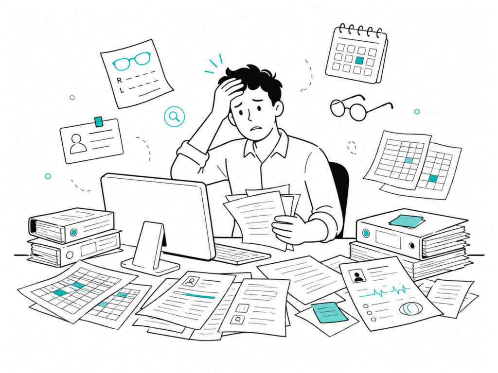 Profesional de óptica estresado entre planillas y papeles, sin una ficha clínica digital del paciente.
