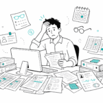 Profesional de óptica estresado entre planillas y papeles, sin una ficha clínica digital del paciente.