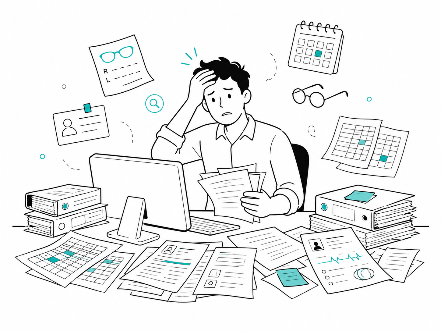 Profesional de óptica estresado entre planillas y papeles, sin una ficha clínica digital del paciente.
