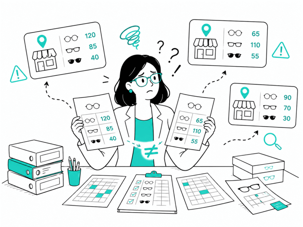 Óptica revisando inventarios de stock que no coinciden entre sucursales, con conteos de lentes distintos y alertas de error.