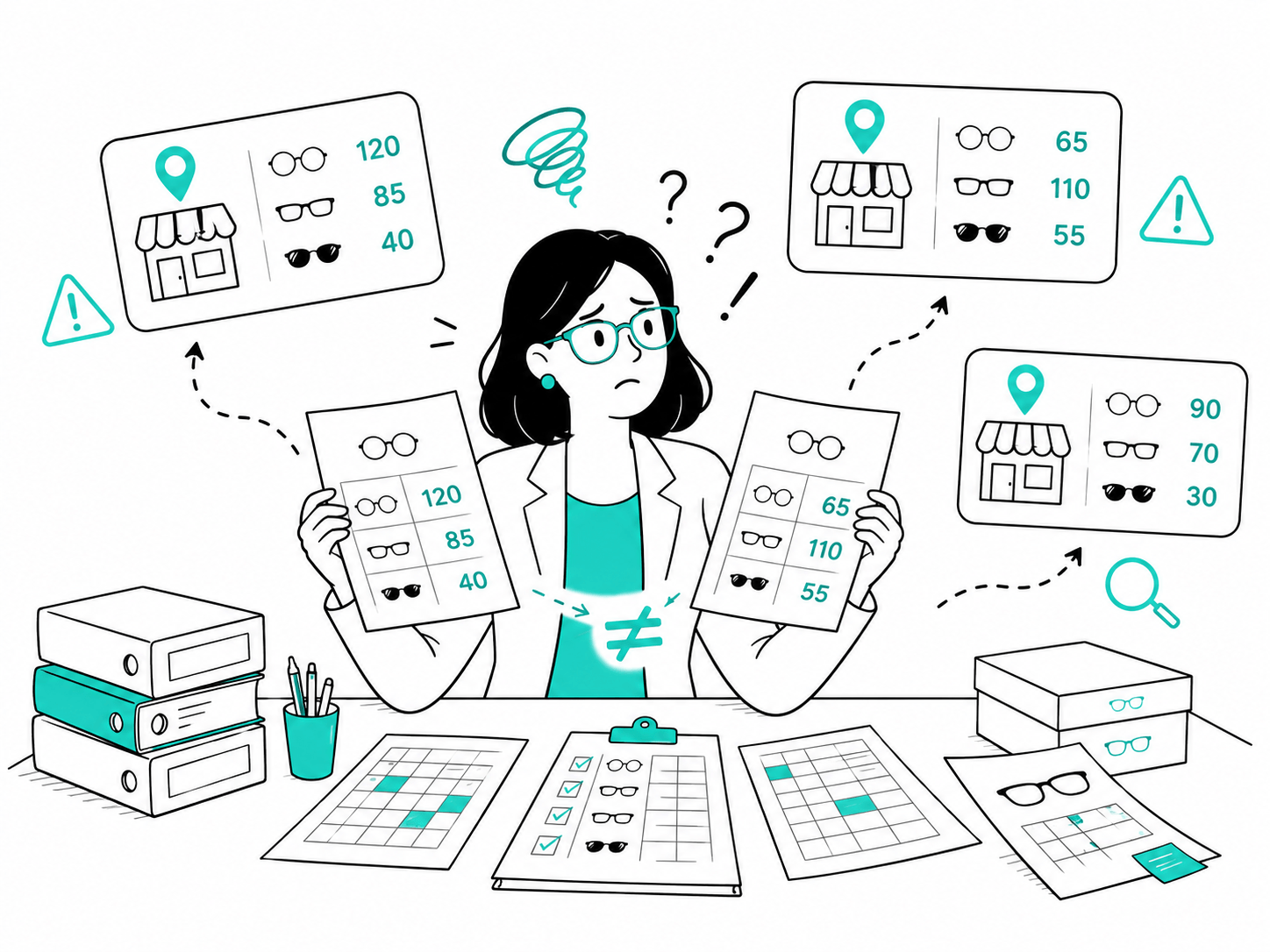 Óptica revisando inventarios de stock que no coinciden entre sucursales, con conteos de lentes distintos y alertas de error.