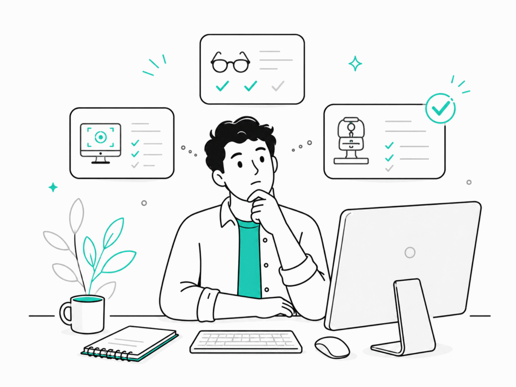 Persona evaluando opciones de software para ópticas frente al computador, comparando funciones con checklists.