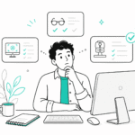 Persona evaluando opciones de software para ópticas frente al computador, comparando funciones con checklists.