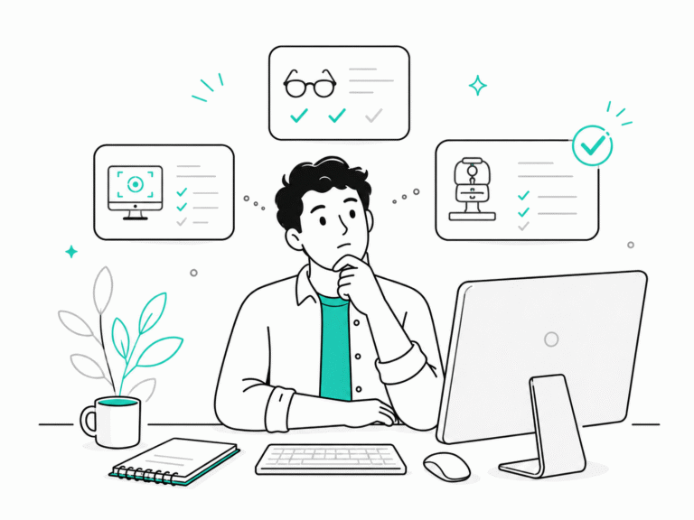 Persona evaluando opciones de software para ópticas frente al computador, comparando funciones con checklists.